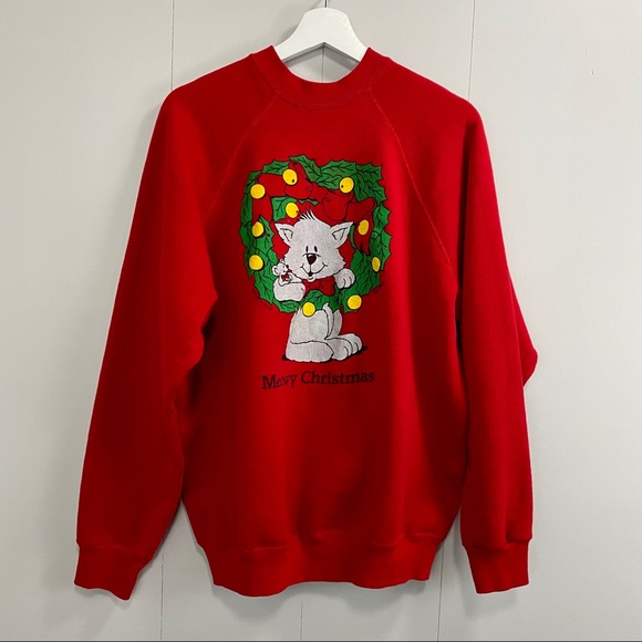 Vintage 80s Cat Christmas Red Crew Neck Sweatshirt - Picture 2 of 12